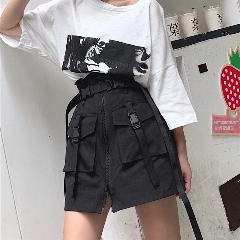 Women's Summer Harajuku Skirt with Belt Pocket Zipper Decorative Black Tooling Skirts Female Fashion Khaki High Waist Mini Skirt