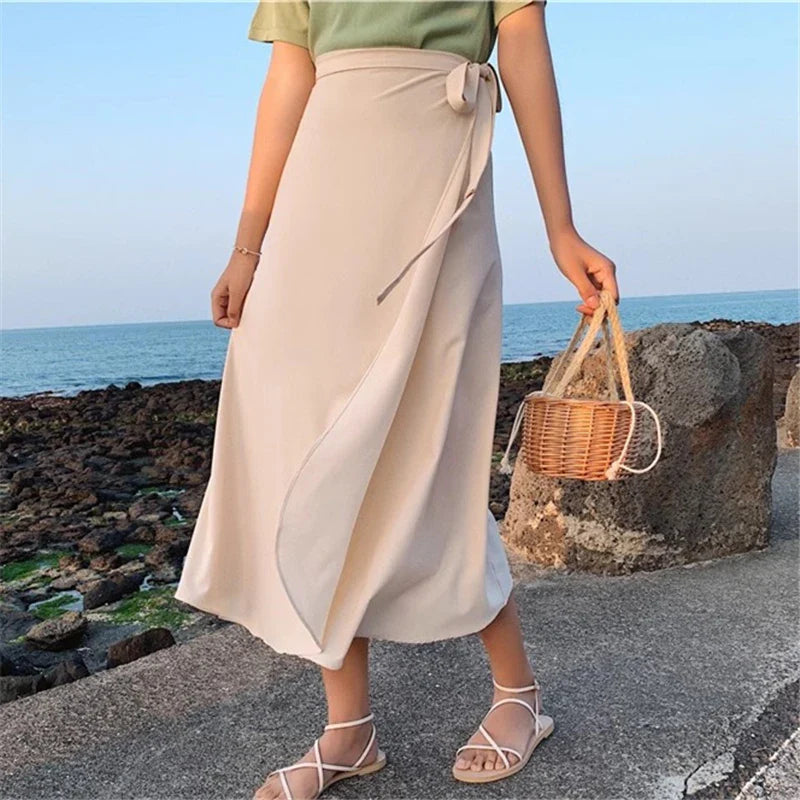 New Stain Women A-Line Long Side Split High Waist Fashionable Umbrella Beach Female Skirt Flowing Maxi Skirt