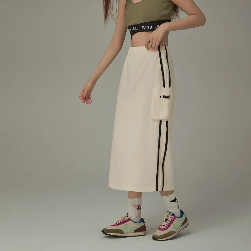 Side Line Pocket Logo Sporty Long Sweat Skirt Chic Maxi Dress