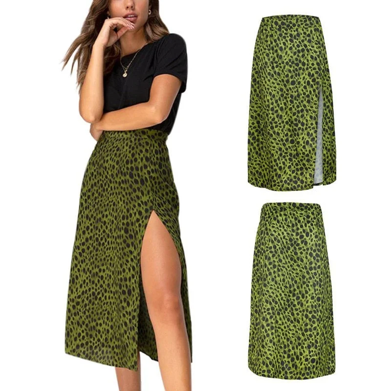 faldas mujer moda Women Summer Skirt Army Green Leopard Print Over The Knee Lace-Up Print High Waist Long Thin Split Skirt Denim Maxi Skirt