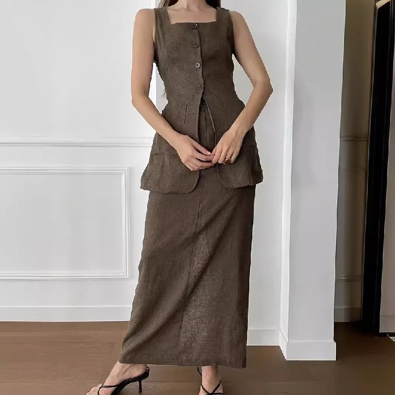 Fashion Simple Summer Professional Women’s Commuter Cotton Pocket Vest Long Skirt Two-Piece Set Suit Pleated Maxi Skirt