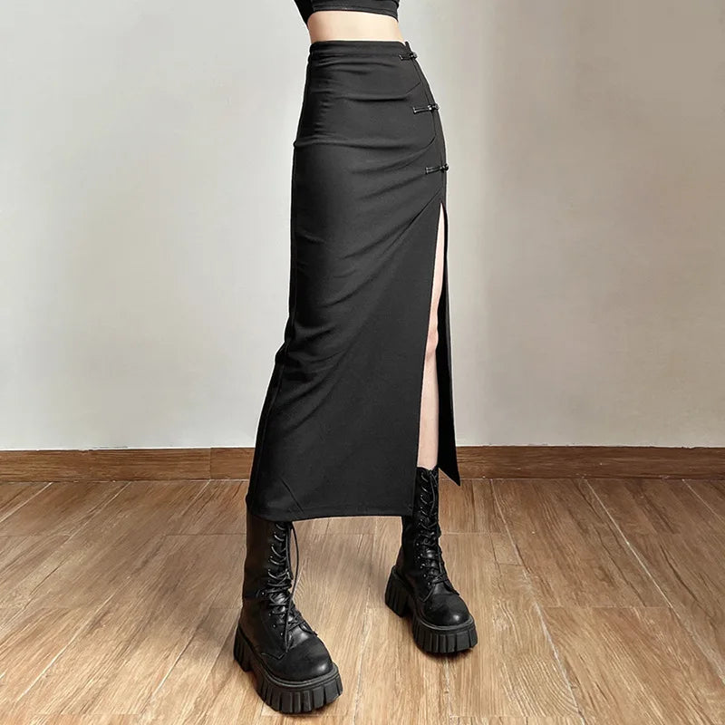 Black Sexy Women A-line Slits High Waist Slim Hip-covering Solid Mid-length Long Streetwear Skirt Tulle Layered Maxi