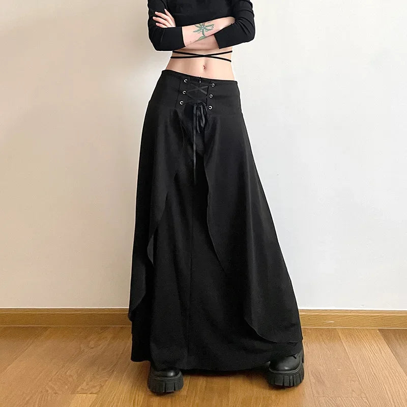 Women's High Waist Layered Ruffle Maxi Cake Elegant Party Wedding Guest Y2K Solid Vintage Black A Line Skirt Soft Ruffled Maxi