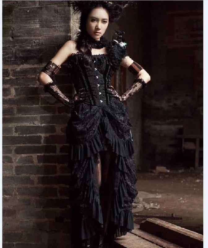 New Women Retro Victorian Lace Up SteamGothic Goth Long Ruffle Dress Skirt Printed Long Skirt