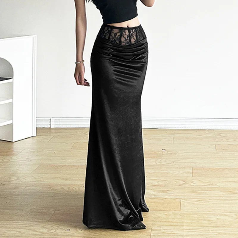 Goth Dark Elegant Mall Gothic Velvet Trumpet Y2k Partywear Lace Patchwork Sexy Long Skirt Sexy Maxi Skirt