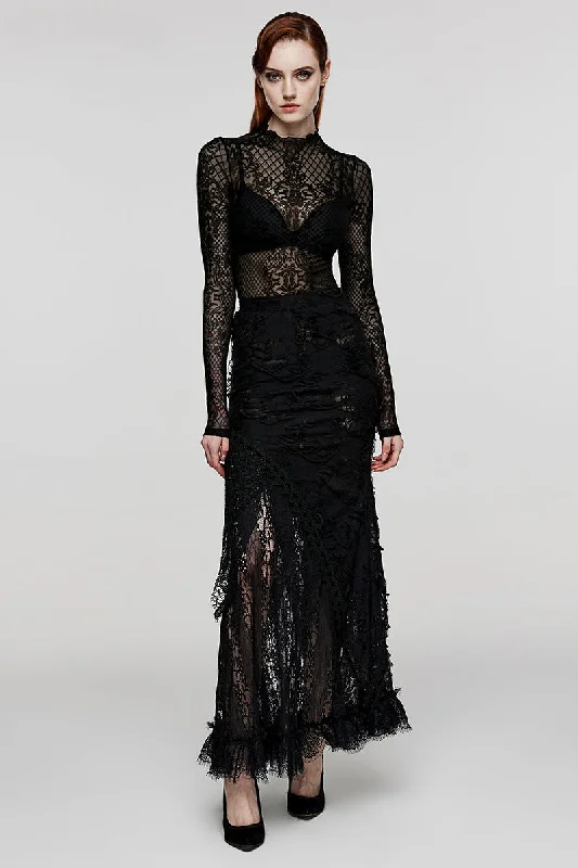 Women's Gothic Ripped Knit Lace Long Dark Feel Club Hallowmas Black Skirt Cotton Maxi Skirt