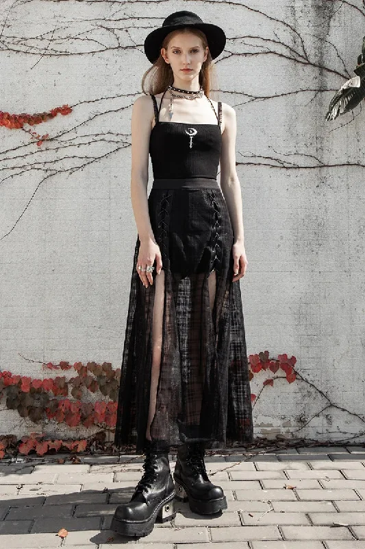 Women's Daily A Shape Mid-length Grid Mesh Forks Pantskirt Gothic Elastic Waist Sexy Casual Long Skirt Pleated A-line Skirt