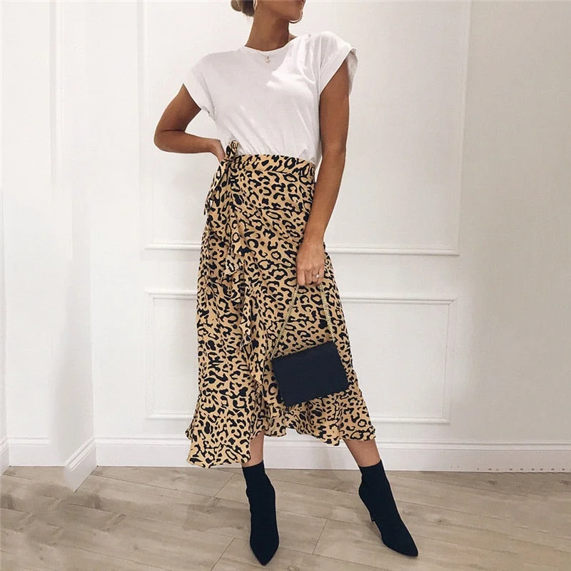 Hot Summer Sexy Women Lace Up Skirts Fashion High Waist Ruffles Loose Slim Long Wrap Skirt Ladies Leopard Beach Clothing Female Wrap Maxi Skirt