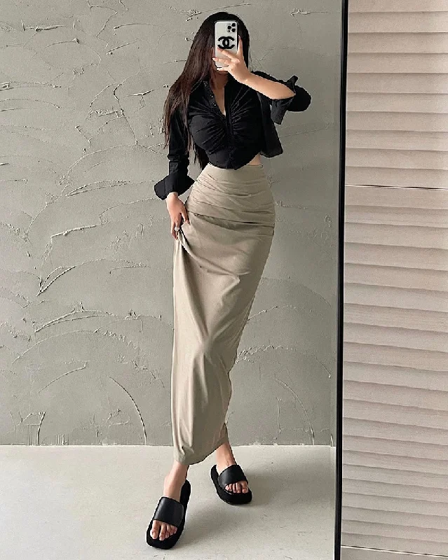 Paris Ruched Long Side Slit Sopid Color Skirt Maxi Skirt Set