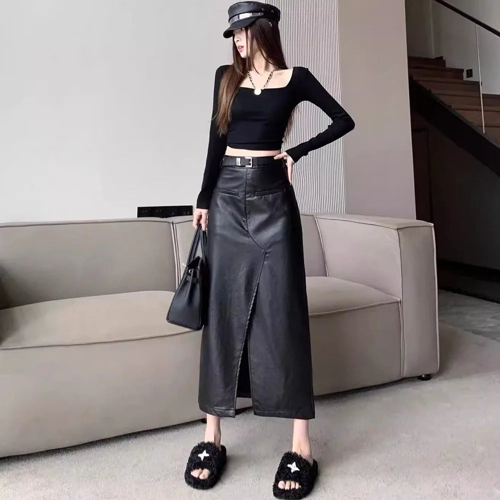 Streetwear Loose Black PU Leather Long Skirt Bottom Pleated Floral Maxi