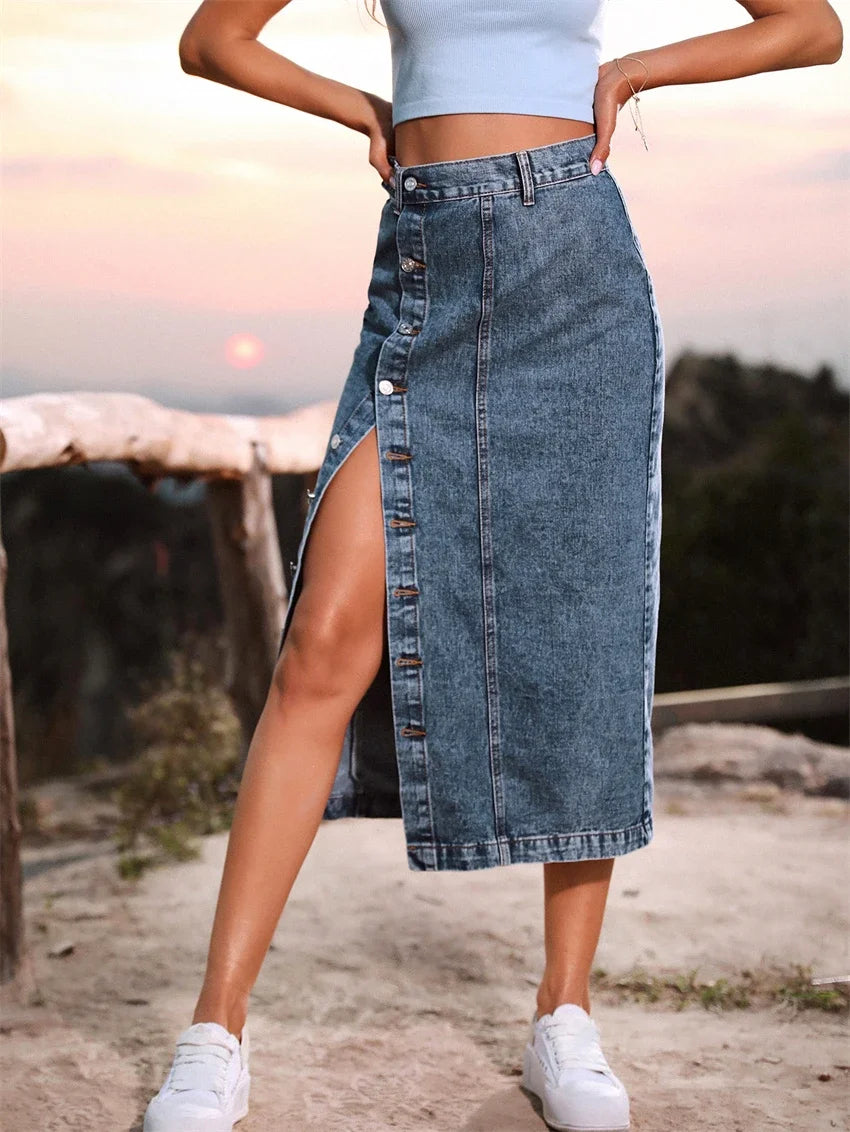 Vintage Maxi Denim Side-Split Long Skirt Bottom Chic Maxi Skirt