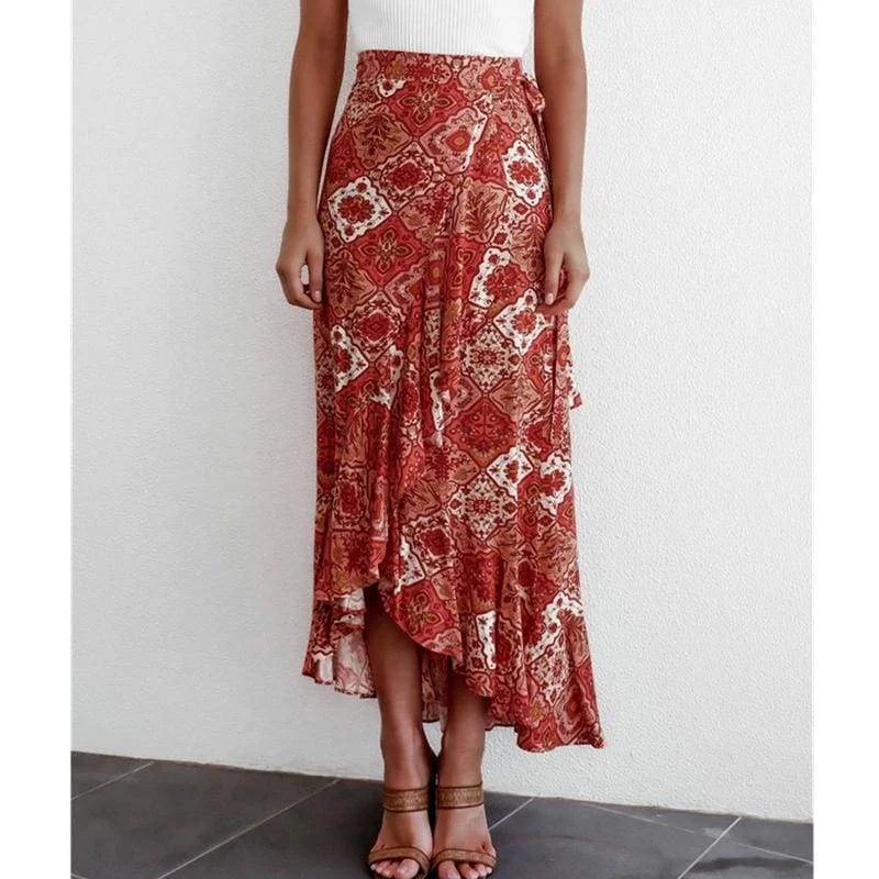 FashionSierra - Women Boho Floral Jersey Gypsy High Waist Long Skirt Ladies Summer Beach Holiday Casual Ruffle Wrap Sundress Lace Maxi Skirt