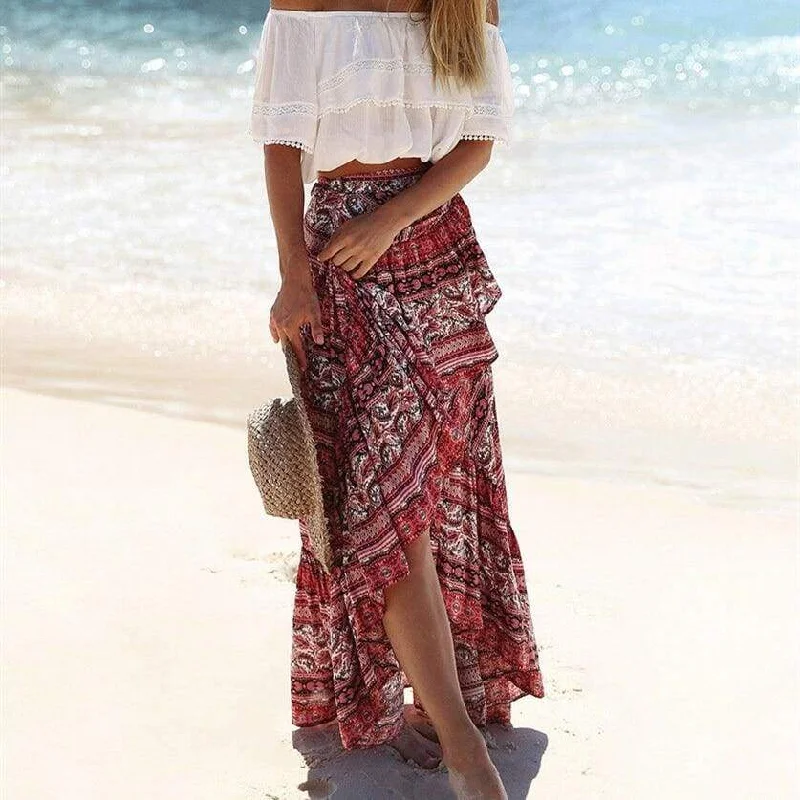 FashionSierra - Women Ladies Casual Boho Tribal Floral Skirt Female Summer Beachwear Party Casual Long Maxi Skirt Sundress Bohemian Maxi Skirt