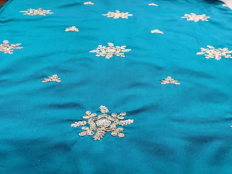 Blue Dual Shaded Golden Dori Floral Motifs Embroidered Taffeta Silk Fabric Spring floral dresses