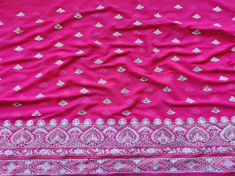 Fuchsia Pink White Floral Lakhnawi Thread & Golden Zari Embroidered Georgette Fabric Floral dresses under $50