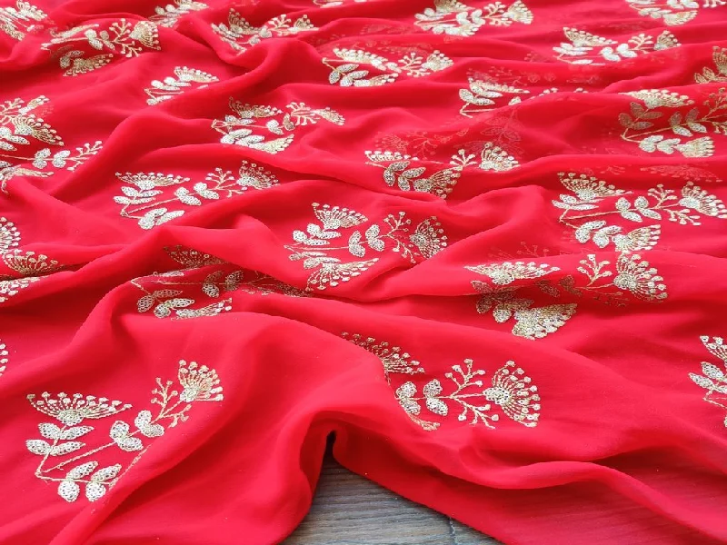 Red Golden Sequins & Zari Floral Motifs Embroidered Georgette Fabric Discounted floral dresses