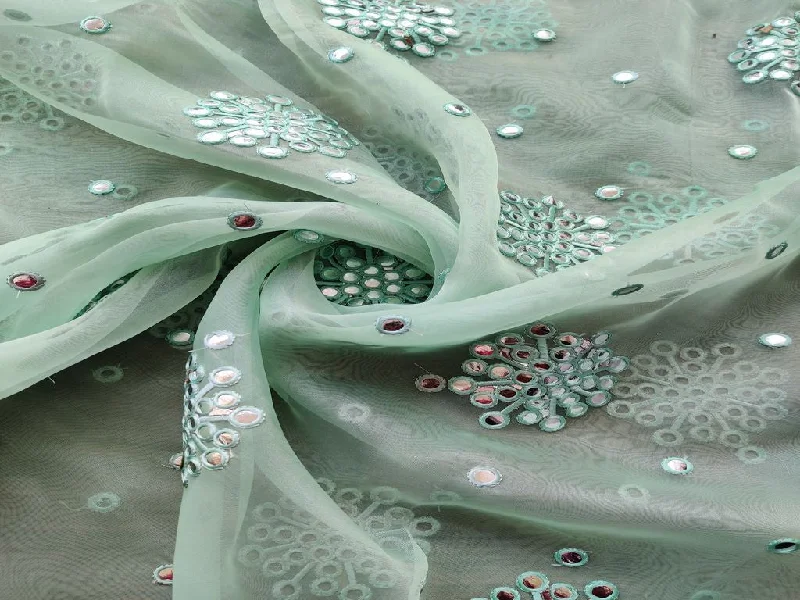 Sea Green Silver Faux Mirror Floral Embroidered Organza Fabric Best floral dresses for petites