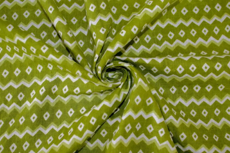 Olive Green Geometric Printed Pure Cotton Fabric