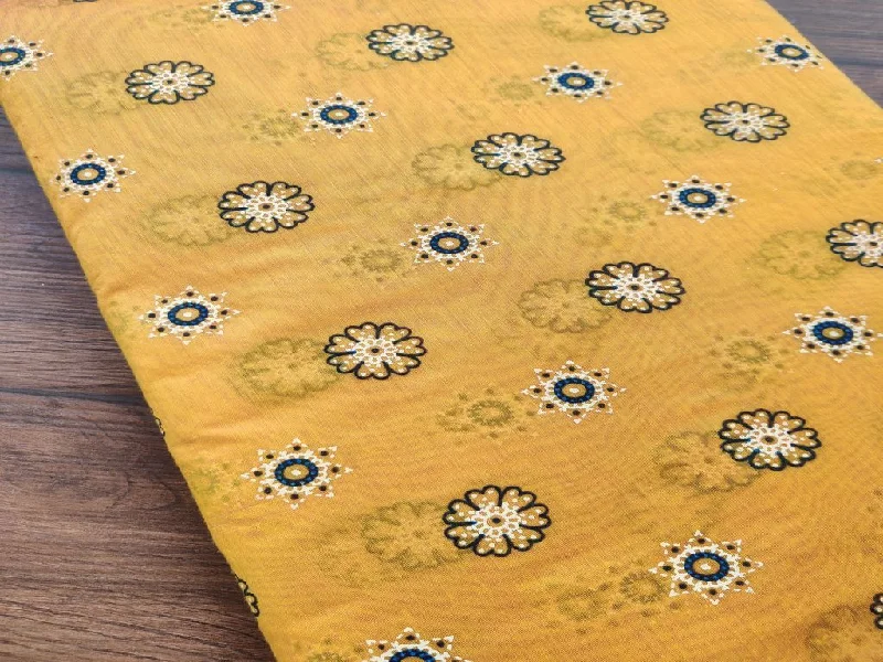 Yellow Black Flowers Printed Chanderi Fabric