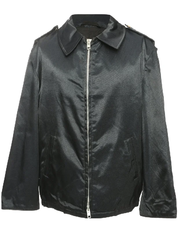 Zip Front Black  Satin Effect Jacket - XL