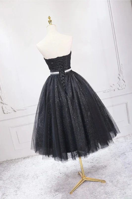 Black Strapless Shiny Tulle Tea Length Prom Dress, Black A-Line Homecoming Dress Full Tulle Dress