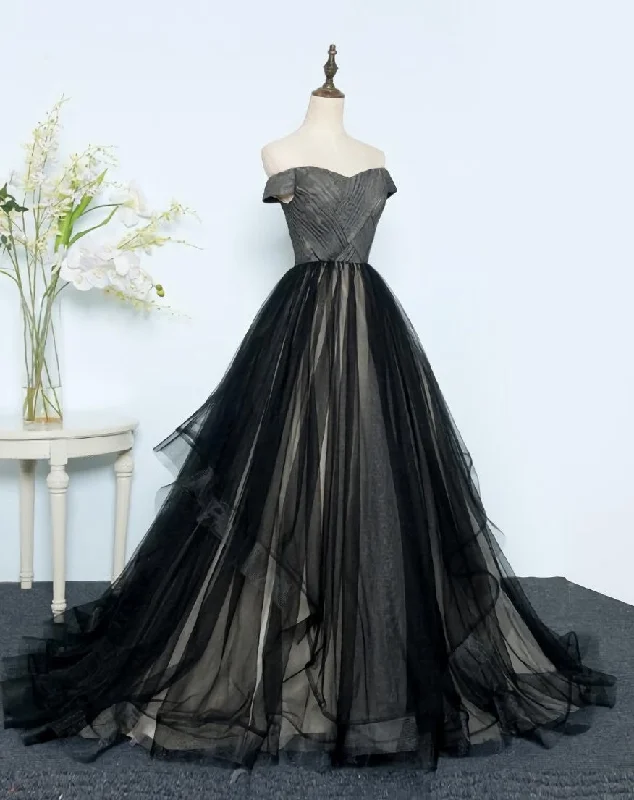 Black Tulle Off Shoulder Floor Length Gown, Black Evening Dresses Sweet Tulle Dress