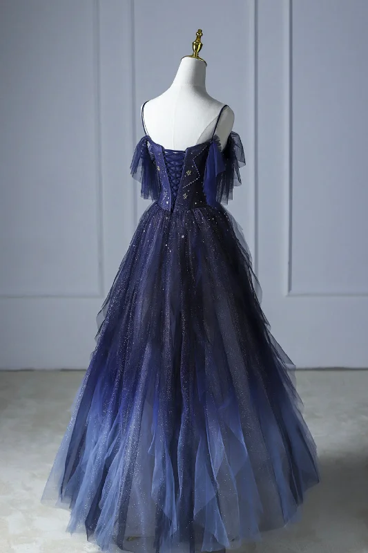 Blue Gradient Tulle Long Prom Dress, Spaghetti Strap Evening Dress Tulle Dress Chic