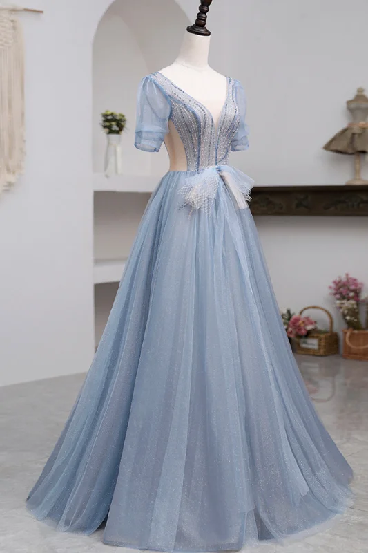 Blue Short Sleeve Tulle Floor Length Prom Dress with Beaded, Blue A-Line Evening Dress Classic Tulle Dress