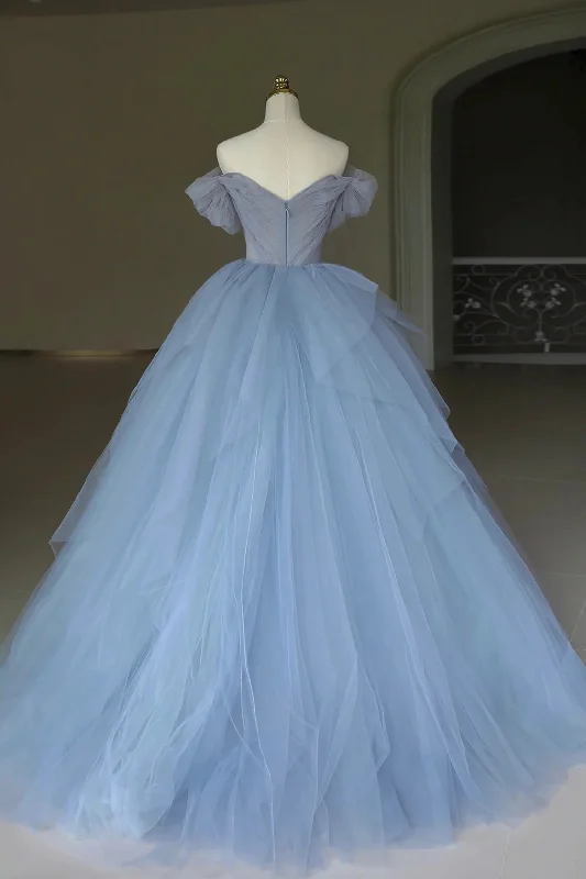 Blue Tulle Floor Length Prom Dress, Off the Shoulder Evening Dress with 3D Flowers Stylish Tulle Gown