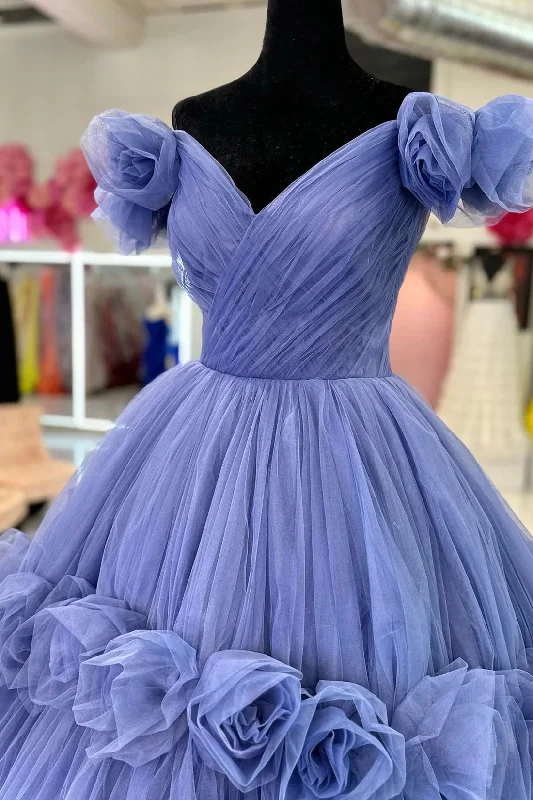 Blue V-neck Tulle Formal Dress with Flowers, Blue Formal Dress Sweet 16 Dress Blue Tulle Dress