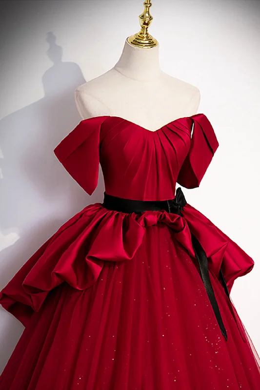 Burgundy Satin Tulle Long Prom Dress, Off Shoulder Evening Dress Tulle Dress Trend