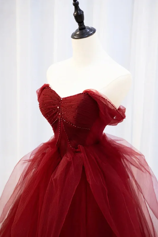 Burgundy Tulle Long Prom Dress with Beaded, Burgundy Off Shoulder Evening Dress Tulle Dress Color