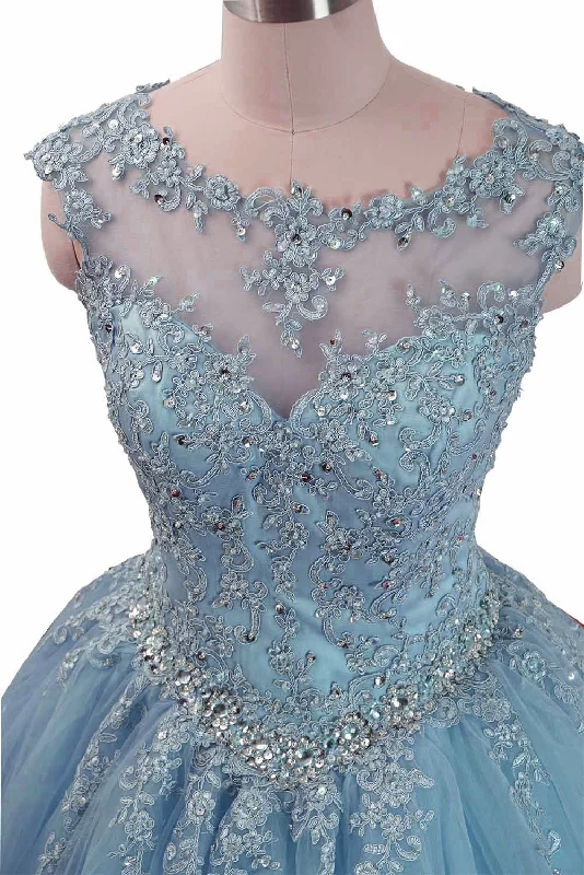 Charming Blue Tulle Long Ball Gown Sweet 16 Dress with Lace, Formal Gown Ruffled Tulle Dress