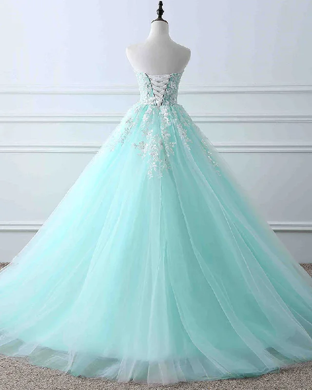 Charming Mint Green Tulle Ball Gown Sweet 16 Dress, Lace Applique Prom Dress Tulle Dress Chic