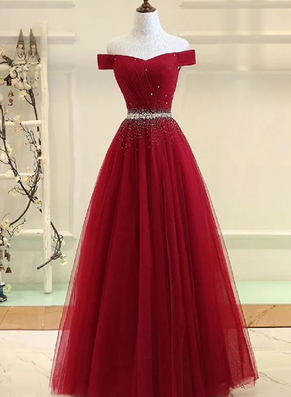 Charming Off Shoulder Tulle Beaded Prom Gown, Wine Red Long Junior Prom Dress Tulle Dress Trendy