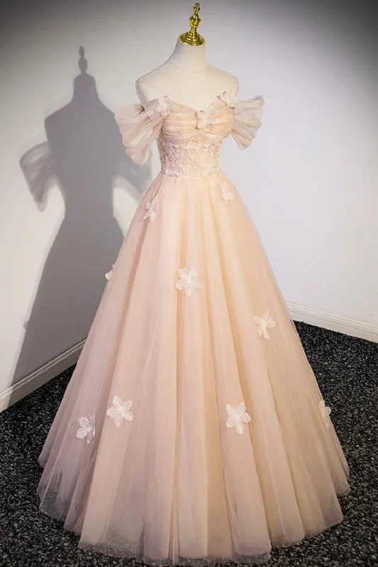 Cute Flowers Tulle Long Formal Dresses, Off Shoulder Evening Dresses A-line Tulle Gown