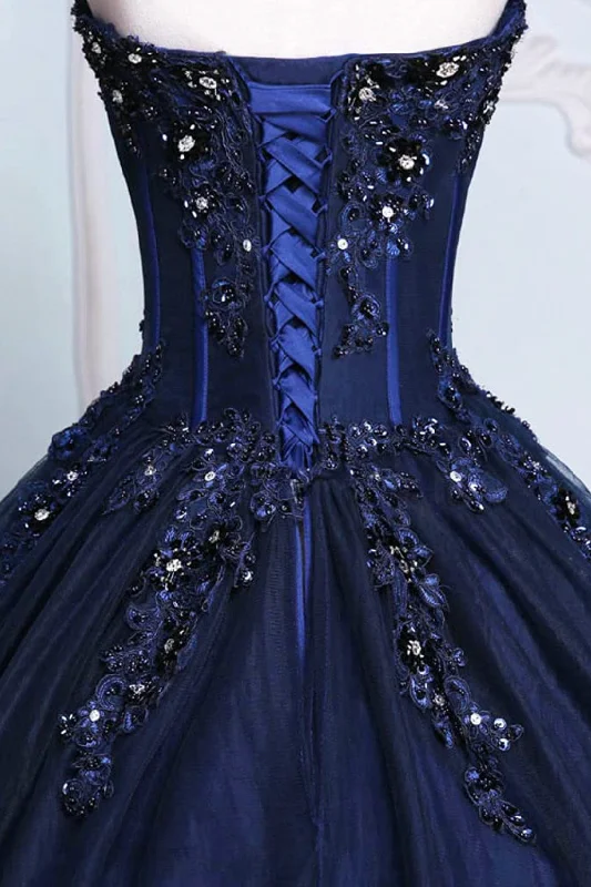 Dark Blue Tulle Lace Princess Dress, A-Line Strapless Long Prom Dress Tulle Dress Soft