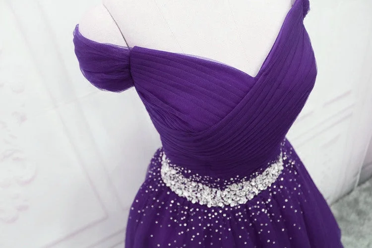 Dark Purple Tulle Long Prom Dresses, Junior Prom Dress Tiered Tulle Dress