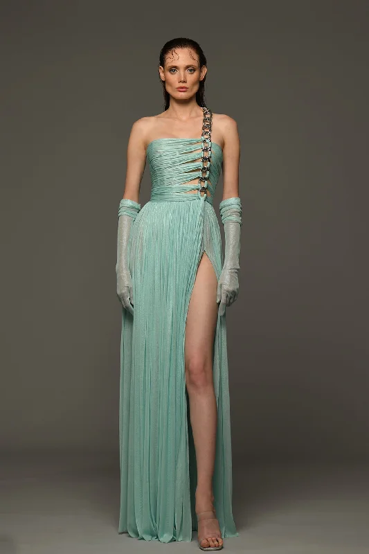 Draped dress in silk foiled tulle with one sided chain strap and gloves Bohemian Tulle Dress