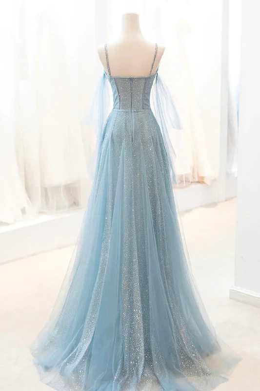 Dusty Blue Sparkly Tulle Long Prom Dress, A-Line Spaghetti Strap Evening Dress Formal Tulle Dress