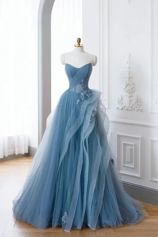 Dusty Blue Tulle Floor Length Prom Dresses, Blue Off the Shoulder Removable Sleeve Evening Dress Tulle Dress Sleek