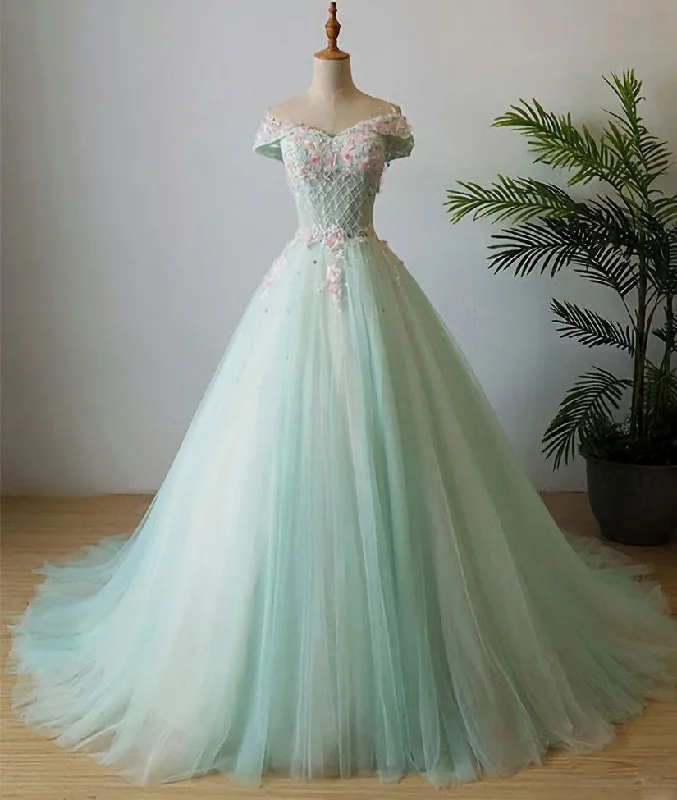 Elegant Off Shoulder Light Green Tulle Sweet 16 Dress, Long Formal Gown Tulle Dress Set