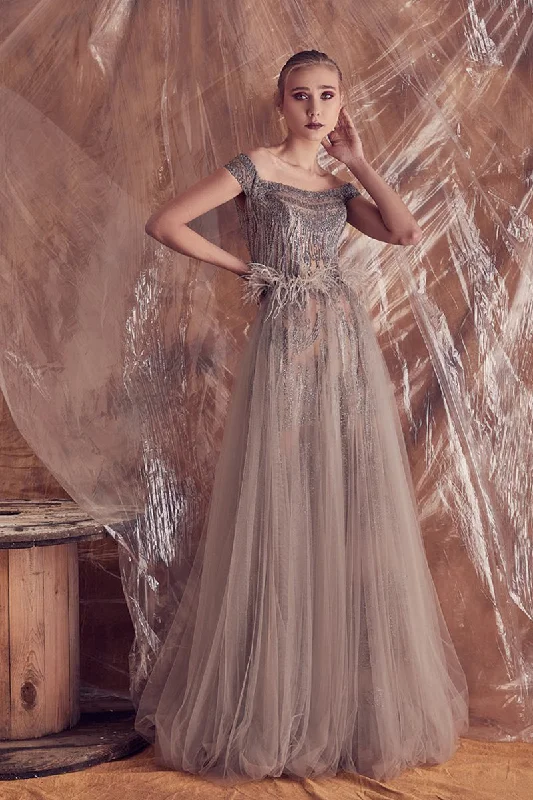 Embroidered tulle A line dress featuring light feather on waistline Tulle Maxi Dress