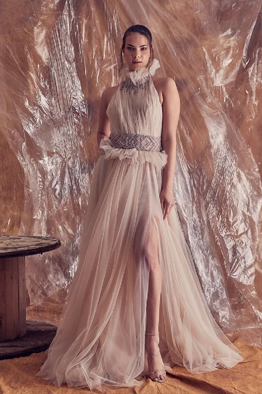 Embroidered waistline fully pleated tulle dress Tulle Cocktail Dress