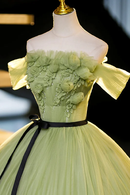 Green Off-Shoulder Tulle Long Formal Dress, A-Line Evening Dress Elegant Tulle Dress