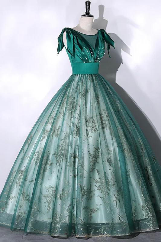 Green Satin Tulle Long Prom Dress, Elegant A-Line Formal Dress Tulle Skirt Dress