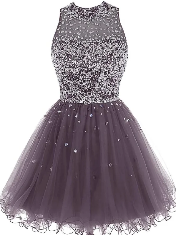 Lovely Beaded Tulle Homecoming Dress, Short Prom Dress White Tulle Dress