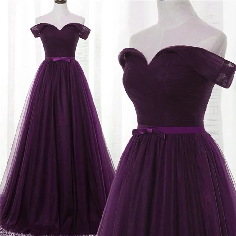 Lovely Dark Purple Tulle V-neckline Prom Dress , Long Bridesmaid Dress Tulle Dress Glam