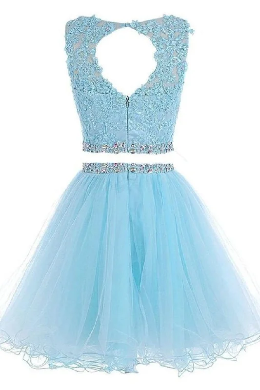 Lovely Two Piece Tulle with Lace Applique, Short Prom Dress Tulle Dress Trend