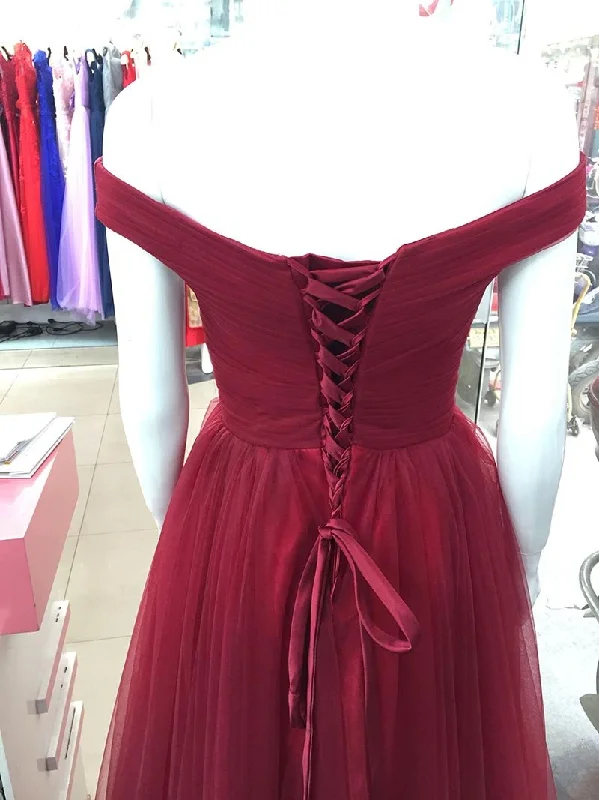 Maroon Off Shoulder Bridesmaid Dress  Long, Simple Tulle Dress Romantic Tulle Gown